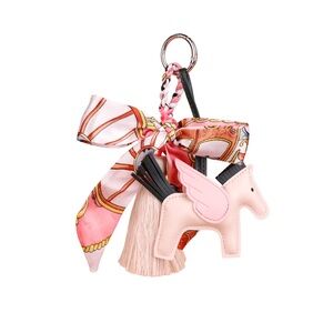 Ivory Winged Horse Silky Scarf & Tassel Bag Charm Keychain– PU Leather